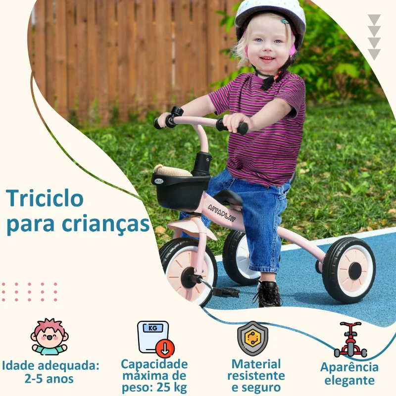 AIYAPLAY Triciclo para Crianças de 2 a 5 anos com Assento Ajustável Cesta Buzina e Pedais e 3 Rodas 70,5x53x58 cm Rosa