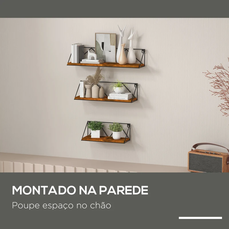 HOMCOM Conjunto de 3 Prateleiras de Parede Industrial Prateleiras Suspensas 30x12x12 cm 40x12x12 e cm 50x12x12 cm Madeira e Preto