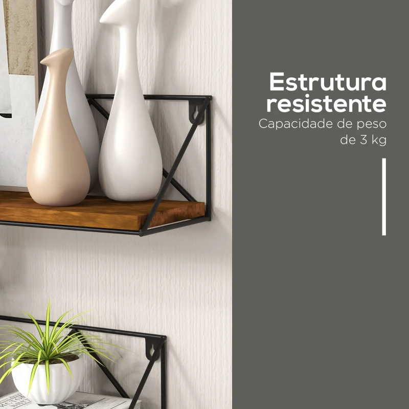 HOMCOM Conjunto de 3 Prateleiras de Parede Industrial Prateleiras Suspensas 30x12x12 cm 40x12x12 e cm 50x12x12 cm Madeira e Preto