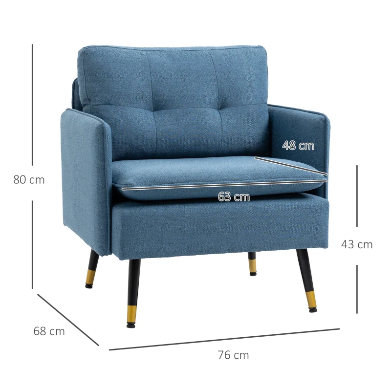 HOMCOM Poltrona Sala de Estar Poltrona Relax com Apoio para os Braços Assento Acolchoado e Pés de Aço 76x68x80 cm Azul