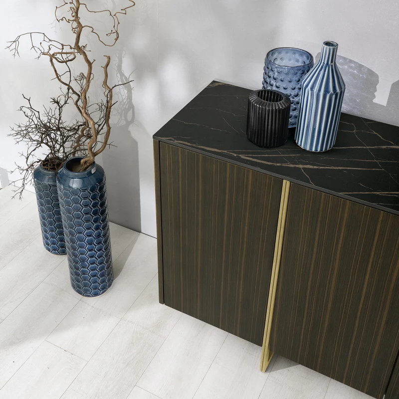STONES Madia con Top in Ceramica Marmo, Struttura in MDF, 4 ante con Sistema Push&Pull, 40x160x85 cm, Marmo nero portoro e Ebano