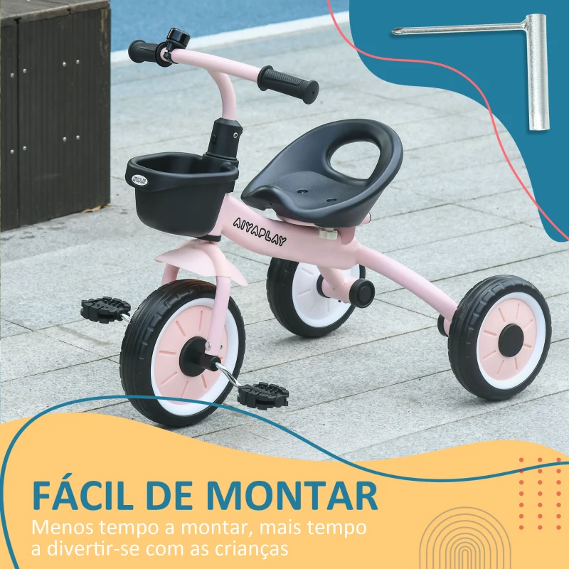 AIYAPLAY Triciclo para Crianças de 2 a 5 anos com Assento Ajustável Cesta Buzina e Pedais e 3 Rodas 70,5x53x58 cm Rosa