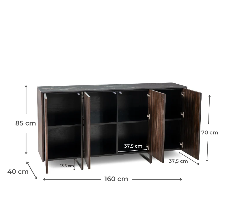 STONES Madia con Top in Ceramica Marmo, Struttura in MDF, 4 ante con Sistema Push&Pull, 40x160x85 cm, Marmo nero portoro e Ebano