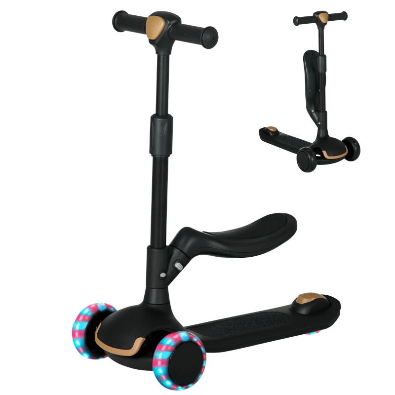 AIYAPLAY Trotinete para Crianças 2 em 1 com Altura Ajustável 3 Rodas Brilhantes e Assento para +18 Meses 58x31x64-79 cm Preto