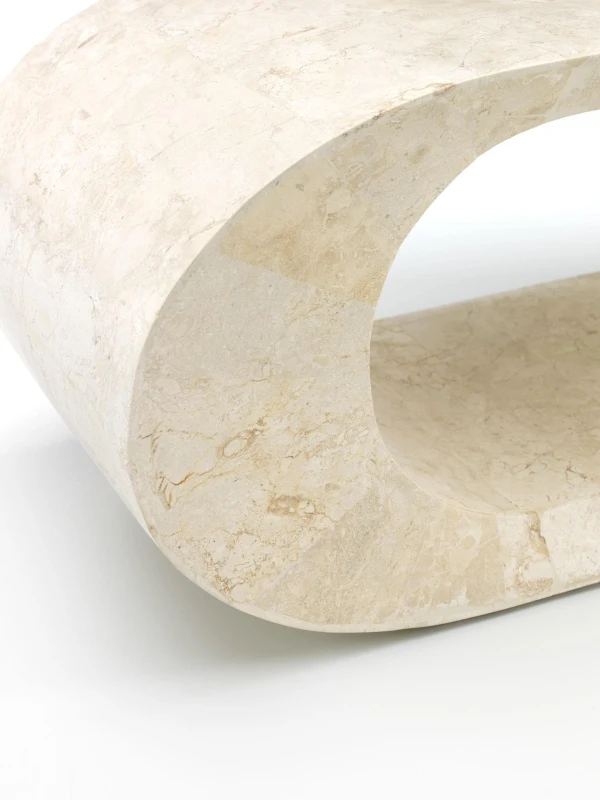 STONES Tavolino / Porta TV rivestito in Tessere di Pietra Fossile, 35x130x35 cm, Beige