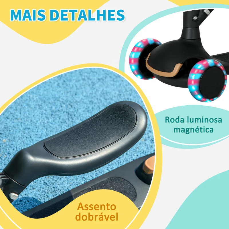 AIYAPLAY Trotinete para Crianças 2 em 1 com Altura Ajustável 3 Rodas Brilhantes e Assento para +18 Meses 58x31x64-79 cm Preto