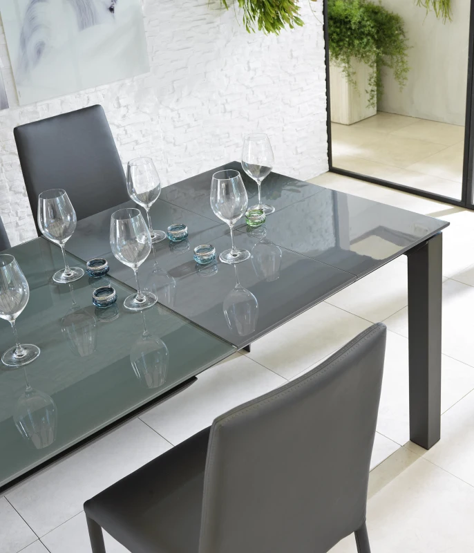 STONES Tavolo Allungabile con Top in Vetro Temperato e Gambe in Metallo, 90x140/220x75 cm, Grigio