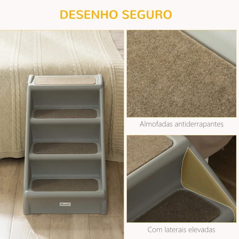 PawHut Escada Dobrável para Animais de Estimação de 4 Degraus Portátil com Tapetes Antiderrapantes 62x38x49,5cm Cinza