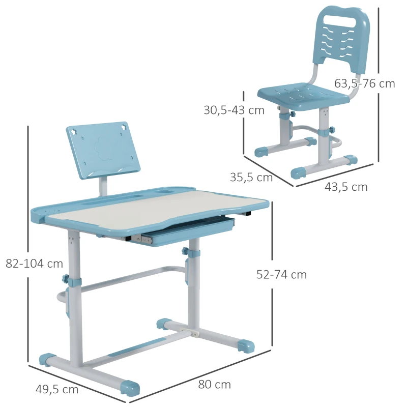 ZONEKIZ Conjunto de Secretária e Cadeira para Crianças com Altura Ajustável e Ângulo da Mesa Ajustável 80x49,5x82-104 cm Azul