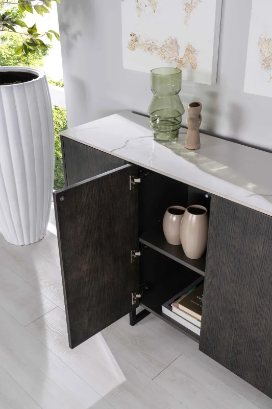 STONES Madia con Top in Ceramica Marmo, Struttura in MDF, 4 ante con Sistema Push&Pull, 40x160x85 cm, Marmo e Grigio Scuro