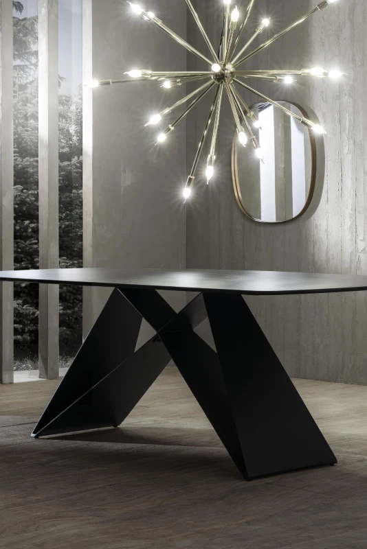 STONES Tavolo con Top in Ceramica su Vetro Temperato e Gambe in Metallo Verniciato, 110x220x76 cm, Nero