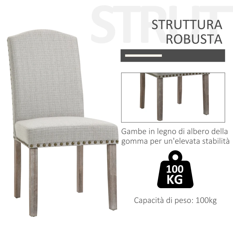 HOMCOM Set 2 Sedie da Pranzo Imbottite e Classiche con Schienale da Salotto e Soggiorno, in Legno e Poliestere, 51x64x99.5 cm, Grigio
