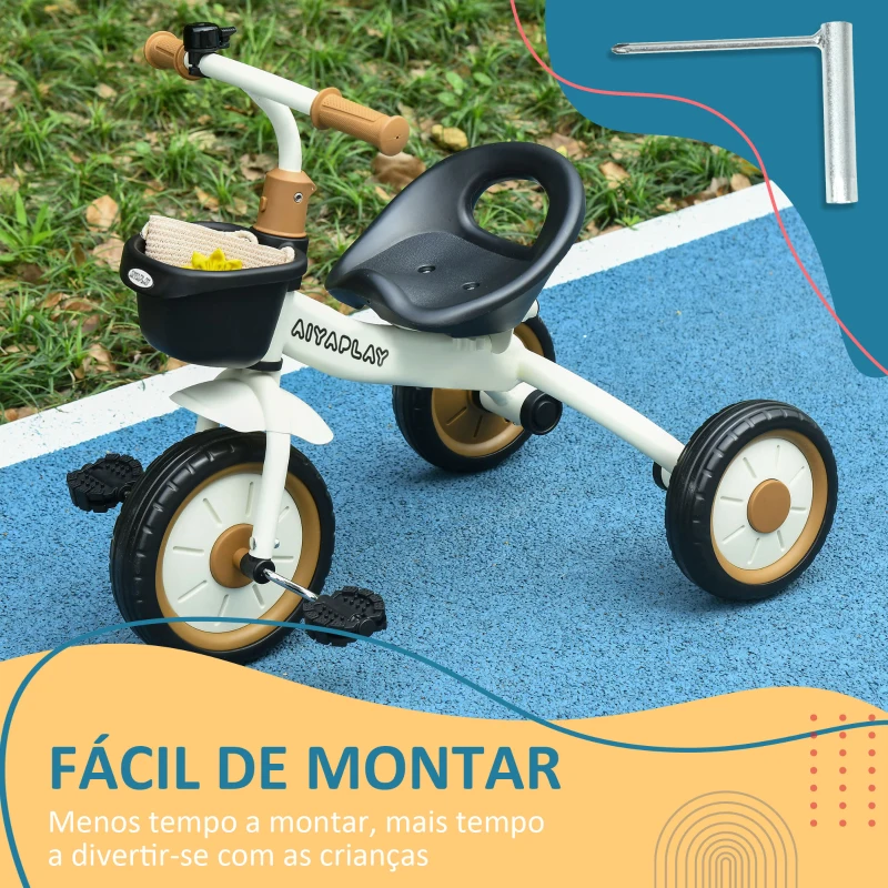 AIYAPLAY Triciclo para Crianças de 2 a 5 anos com Assento Ajustável Cesta Buzina e Pedais e 3 Rodas 70,5x53x58 cm Bege