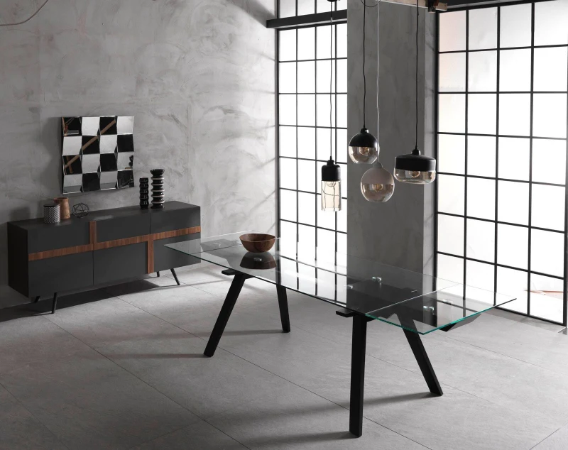 STONES Tavolo allungabile con top e allunghe in vetro temperato, gambe in legno impiallacciato, 90x180/260x76cm, trasparente, nero