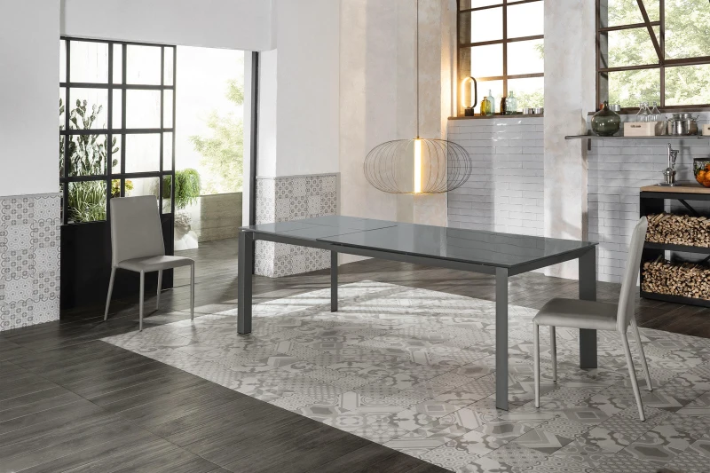 STONES Tavolo Allungabile con Top in Vetro Temperato e Gambe in Metallo, 90x140/220x75 cm, Grigio