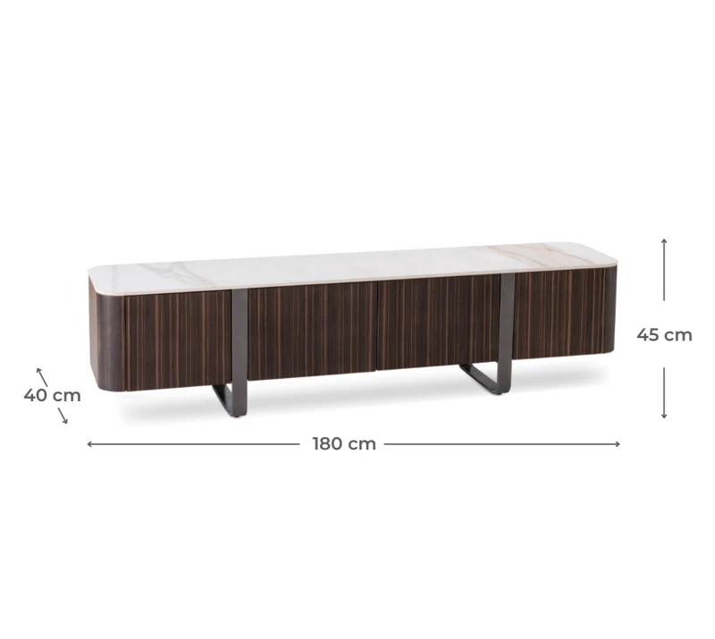 STONES Mobile TV con Top in Ceramica Marmo e Struttura in MDF, 2 ante e 2 cassetti con chiusura ammortizzata, 40x180x45 cm, Marmo calacatta oro e Ebano