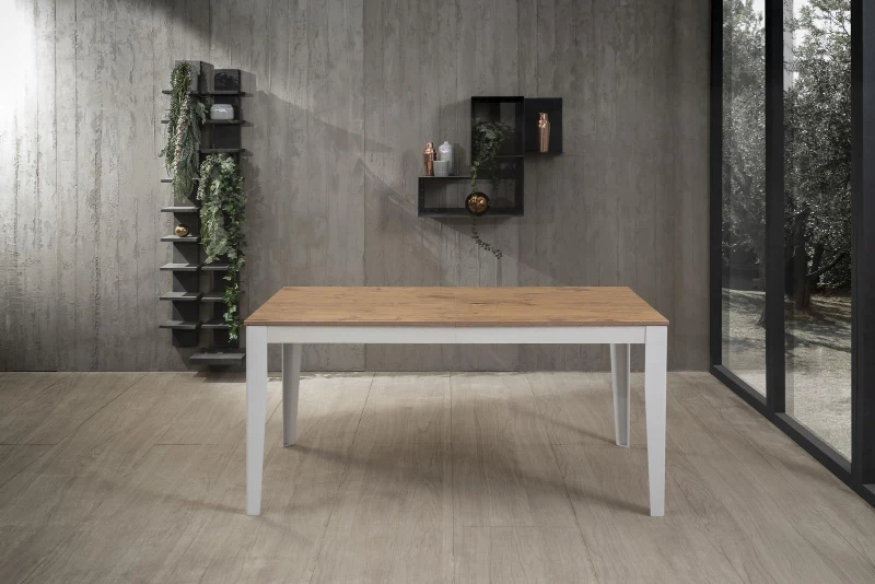 STONES Tavolo allungabile con top e allunghe in melaminico rovere, base in metallo bianco, 80x130/290x76cm, rovere, bianco