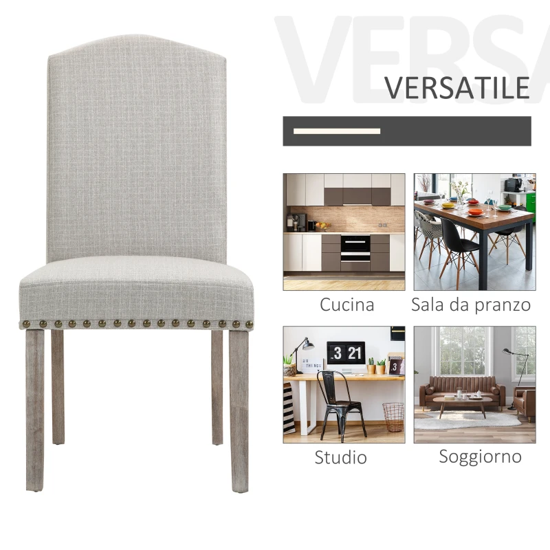 HOMCOM Set 2 Sedie da Pranzo Imbottite e Classiche con Schienale da Salotto e Soggiorno, in Legno e Poliestere, 51x64x99.5 cm, Grigio