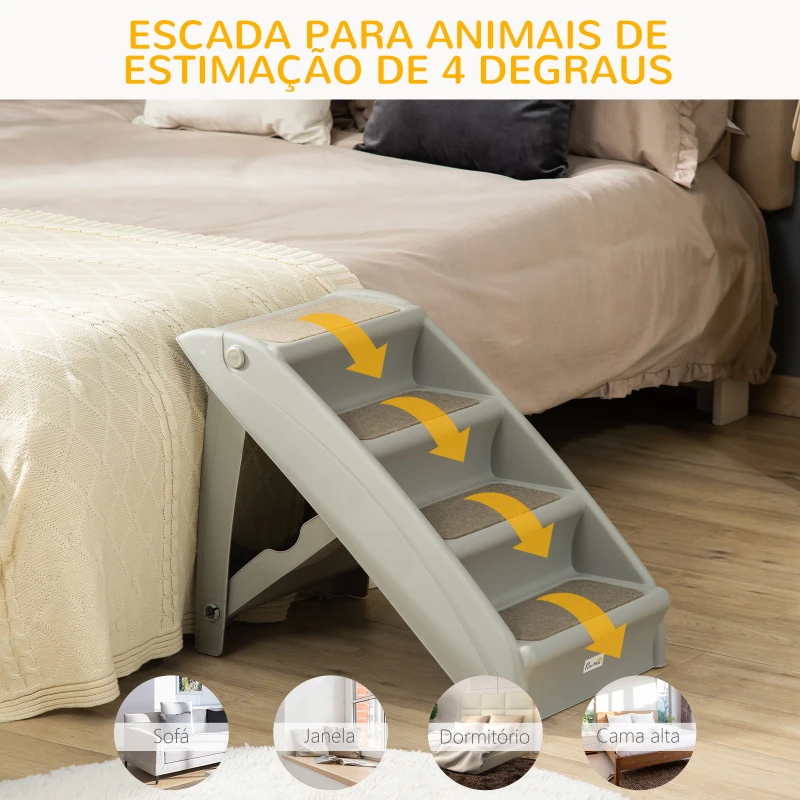 PawHut Escada Dobrável para Animais de Estimação de 4 Degraus Portátil com Tapetes Antiderrapantes 62x38x49,5cm Cinza