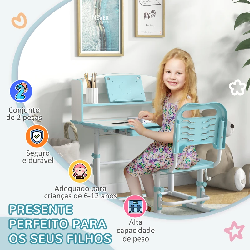 ZONEKIZ Conjunto de Secretária e Cadeira para Crianças com Altura Ajustável e Ângulo da Mesa Ajustável 80x54,5x82-104 cm Azul