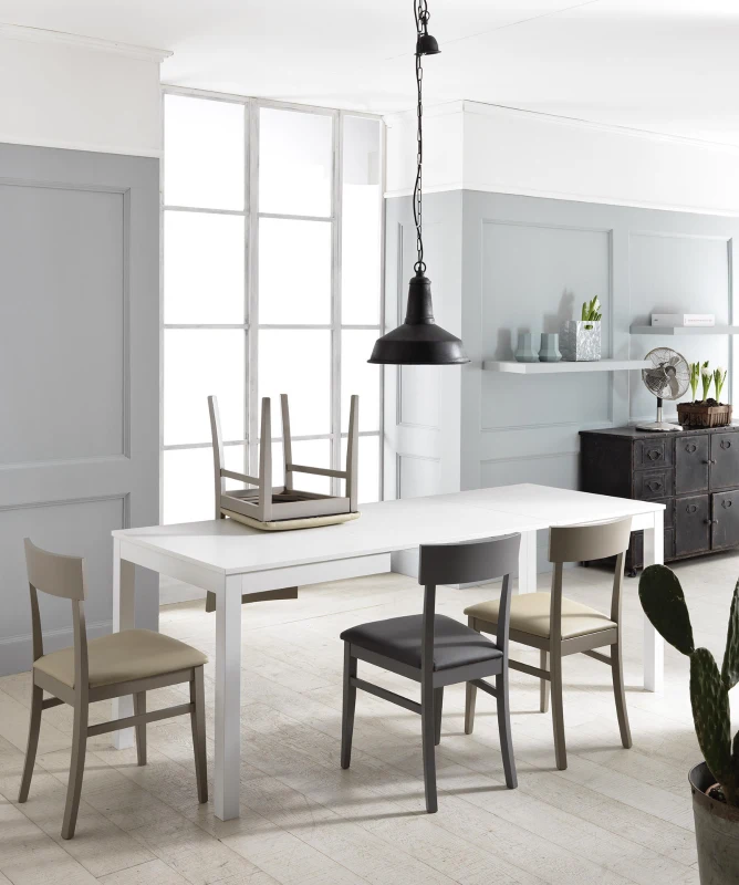 STONES Tavolo allungabile con top e allunghe in melaminico, gambe in faggio massello 80x130/210x76cm, bianco frassinato