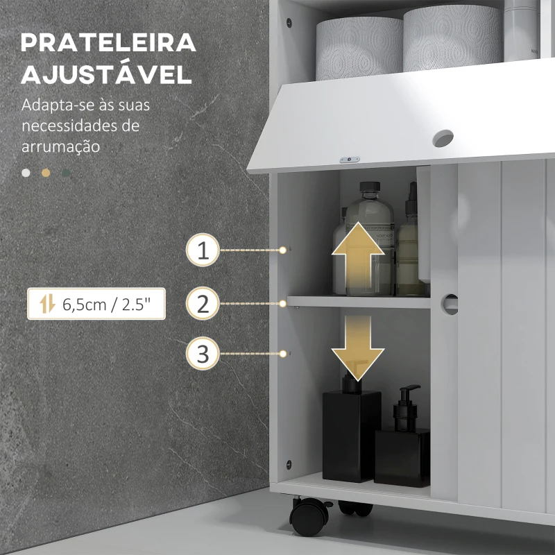 kleankin Armário Auxiliar Casa de Banho com 4 Rodas 2 Compartimentos para Papel Higiénico Armário e Prateleiras Ajustáveis 52x17x67 cm Branco