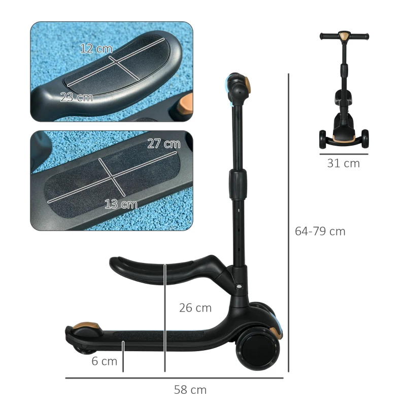 AIYAPLAY Trotinete para Crianças 2 em 1 com Altura Ajustável 3 Rodas Brilhantes e Assento para +18 Meses 58x31x64-79 cm Preto