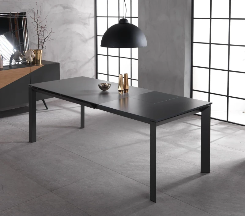 STONES Tavolo allungabile con top in ceramica su vetro temperato, gambe in metallo verniciato e allunghe in melaminico laccato, 90x140/220x75cm, ceramica grigio grafite, antracite