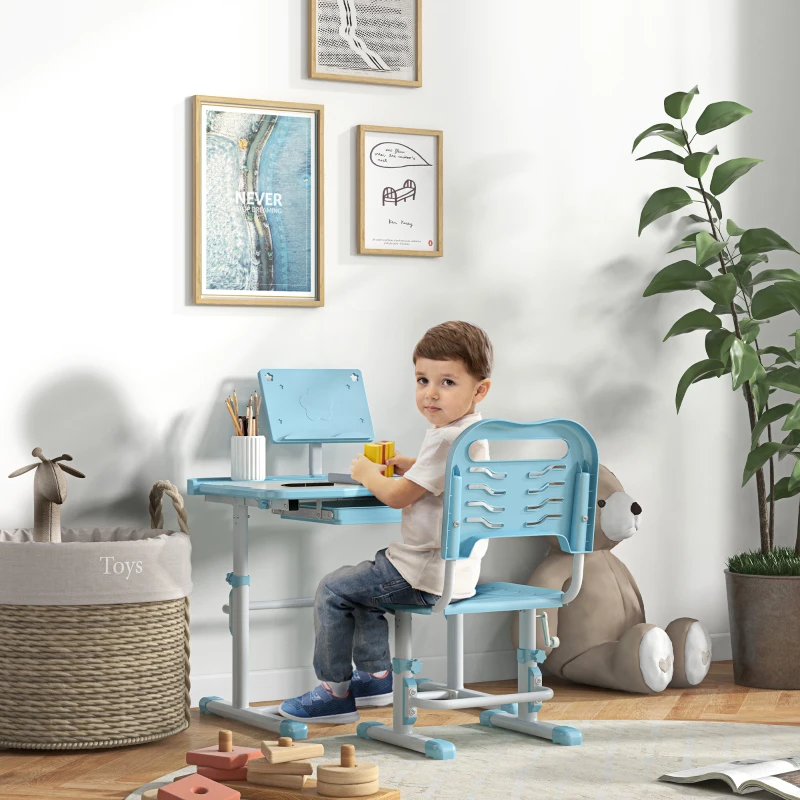 ZONEKIZ Conjunto de Secretária e Cadeira para Crianças com Altura Ajustável e Ângulo da Mesa Ajustável 80x49,5x82-104 cm Azul