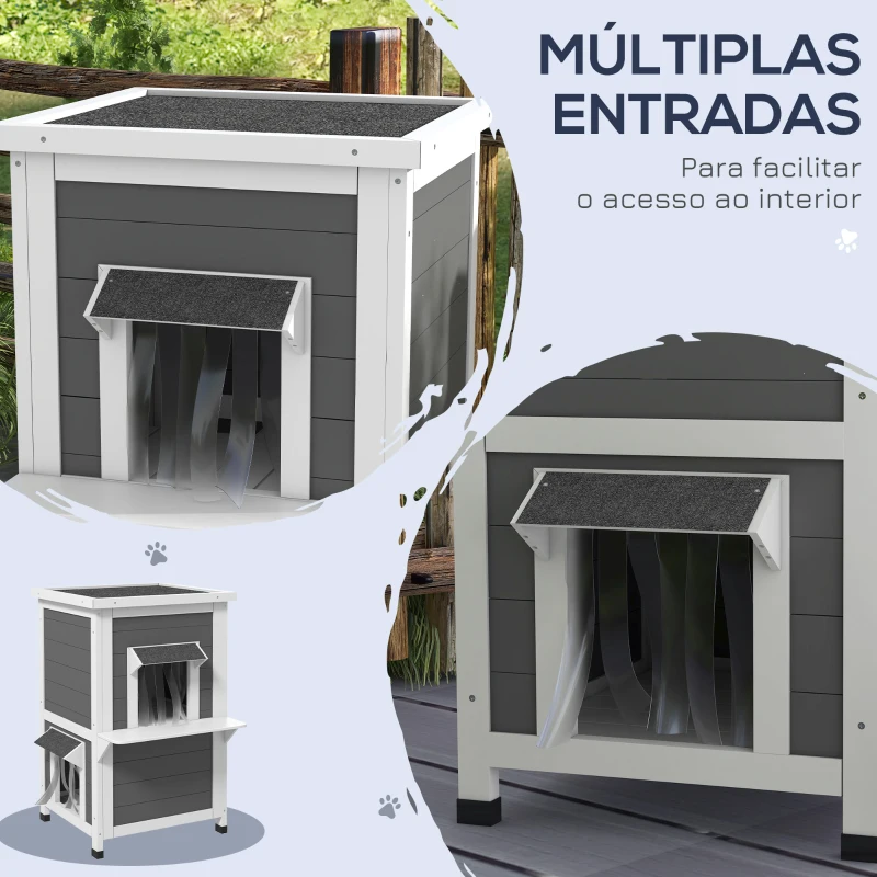 PawHut Casa para Gatos de Madeira 60x60x81,5 cm de 2 Níveis com Cortina e Portas com Beirais Impermeáveis Cinza e Branco