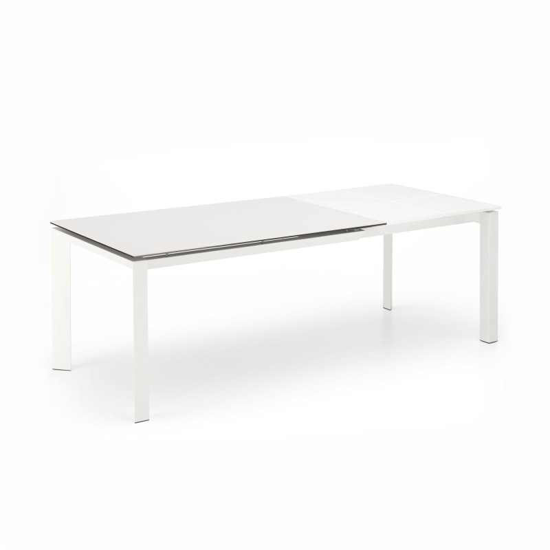 STONES Tavolo allungabile con top in ceramica su vetro temperato, gambe in metallo verniciato e allunghe in melaminico laccato, 90x140/220x75cm, ceramica bianca, bianco