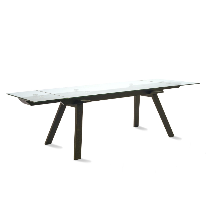 STONES Tavolo allungabile con top e allunghe in vetro temperato, gambe in legno impiallacciato, 90x180/260x76cm, trasparente, nero