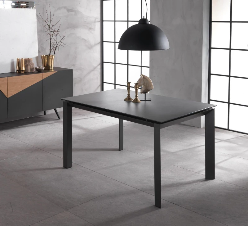 STONES Tavolo allungabile con top in ceramica su vetro temperato, gambe in metallo verniciato e allunghe in melaminico laccato, 90x140/220x75cm, ceramica grigio grafite, antracite