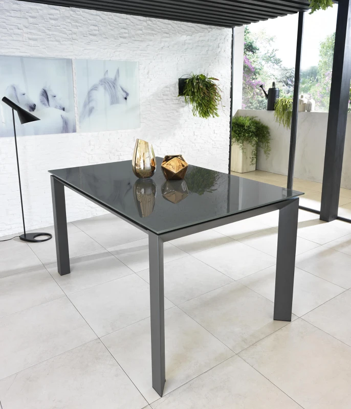 STONES Tavolo Allungabile con Top in Vetro Temperato e Gambe in Metallo, 90x140/220x75 cm, Grigio