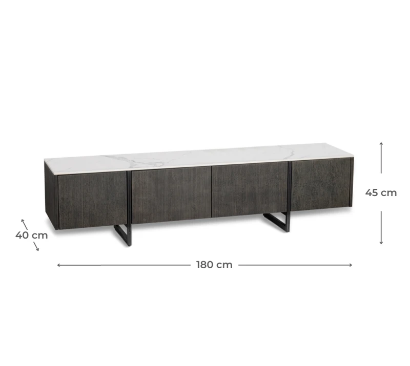 STONES Mobile TV con Top in Ceramica Marmo e Struttura in MDF rovere, 2 ante e 2 cassetti con chiusura ammortizzata, 40x180x45 cm, Marmo calacatta e Grigio scuro