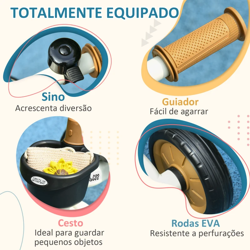 AIYAPLAY Triciclo para Crianças de 2 a 5 anos com Assento Ajustável Cesta Buzina e Pedais e 3 Rodas 70,5x53x58 cm Bege