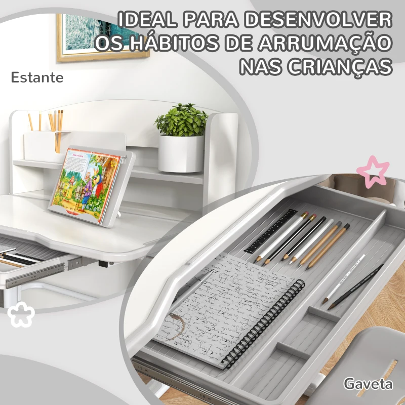ZONEKIZ Conjunto de Secretária e Cadeira para Crianças com Altura Ajustável e Ângulo da Mesa Ajustável 80x54,5x82-104 cm Cinza e Branco