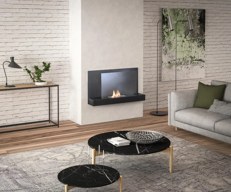 STONES Camino a Bioetanolo da parete con Bruciatore da 1,5L e Pannello in Vetro, 26x90x50 cm, Nero