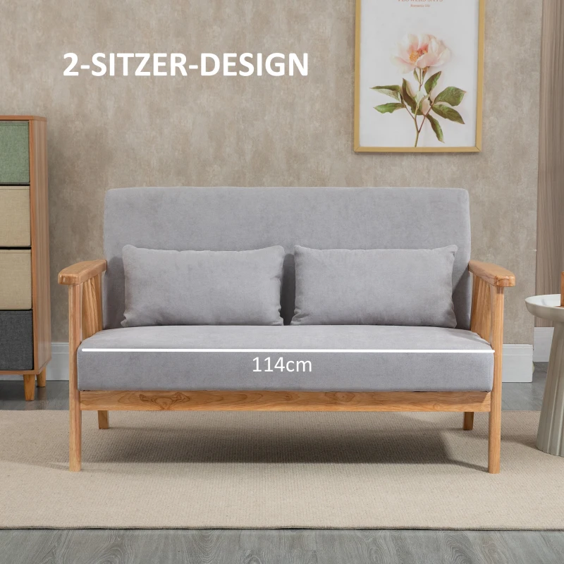 HOMCOM Sofa Relaxbank 2-zitsbank, inclusief 2 kussens, fluweelachtige uitstraling, rubberhout, 130 cm x 75 cm x 78 cm, Grijs + Natuurlijk