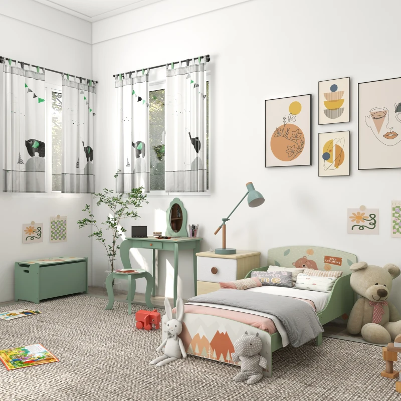 ZONEKIZ Kids Bedroom Furniture Set Includes Bed Frame, Kids Toy Chest, Dressing Table with Mirror and Stoolfor Ages 3-6 Years, Green