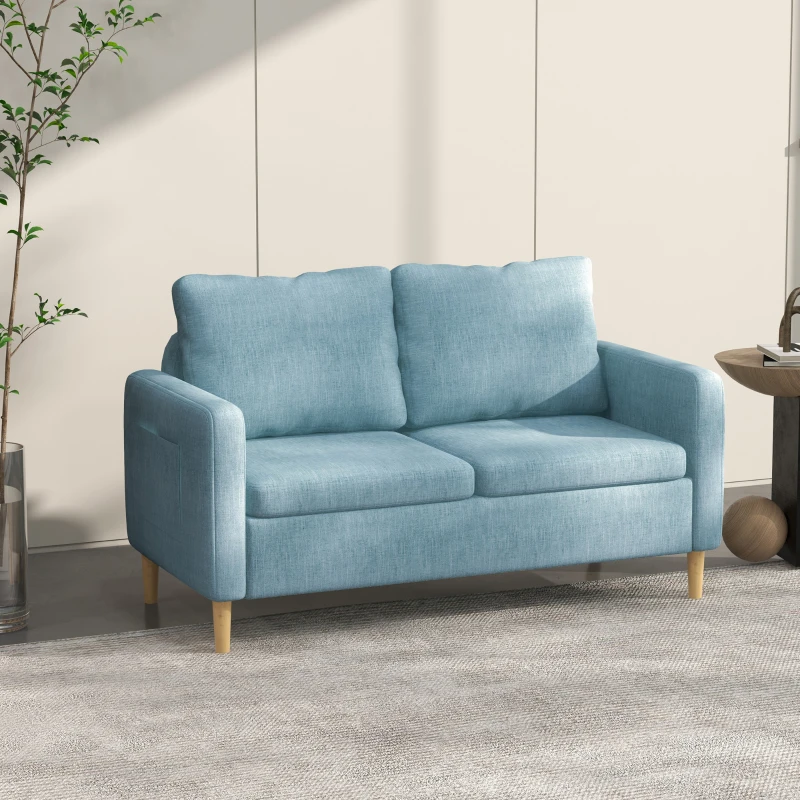 HOMCOM Sofá de 2 Lugares Estofado em Poliéster com 2 Bolsos Laterais Apoio para os Braços e Pés de Madeira 143x76x83 cm Azul