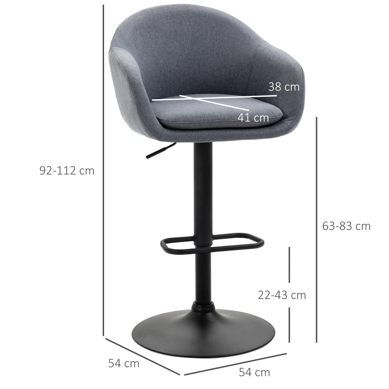 HOMCOM Banco Alto de Cozinha com Altura Ajustável Banco de Bar Estofado com Apoio para o Pés 54x54x92-112 cm Cinza Escuro