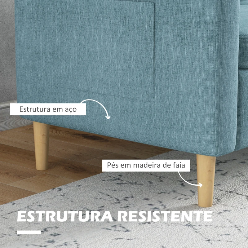HOMCOM Sofá de 2 Lugares Estofado em Poliéster com 2 Bolsos Laterais Apoio para os Braços e Pés de Madeira 143x76x83 cm Azul