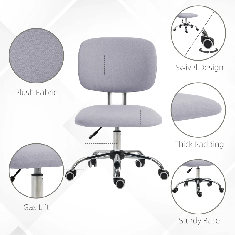 Vinsetto Scaun de Birou fara Brate Scaun de Birou pentru Calculator Material Textil Inaltime Reglabila Roti Pivotante Spatar Median Gri Pentru scoala computer mobila de studiu ergonomic pentru birou munca modern contemporan dormitor ergonomic cu masaj