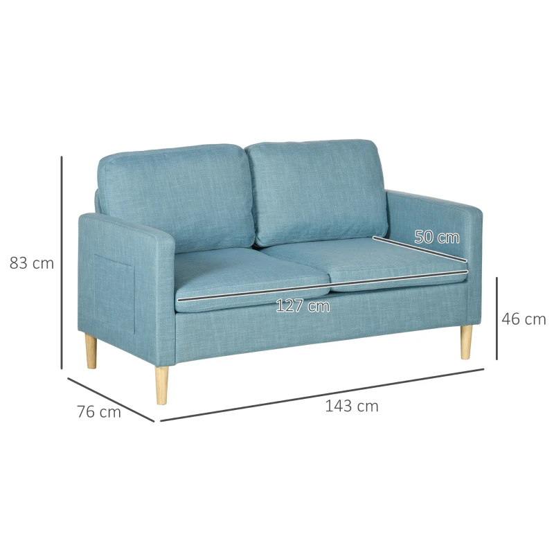 HOMCOM Sofá de 2 Lugares Estofado em Poliéster com 2 Bolsos Laterais Apoio para os Braços e Pés de Madeira 143x76x83 cm Azul