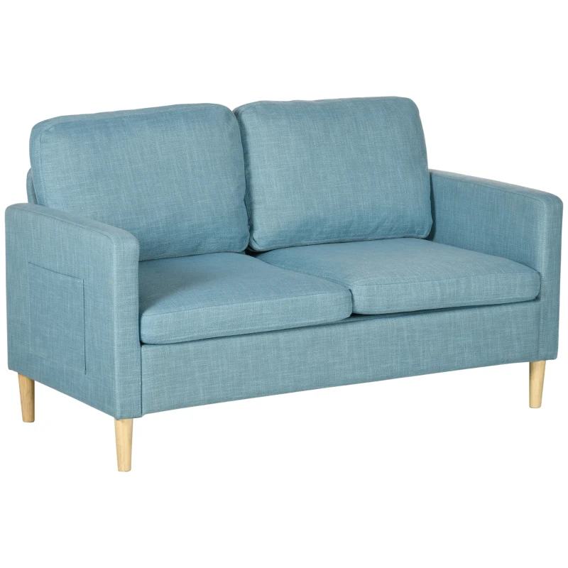 HOMCOM Sofá de 2 Lugares Estofado em Poliéster com 2 Bolsos Laterais Apoio para os Braços e Pés de Madeira 143x76x83 cm Azul