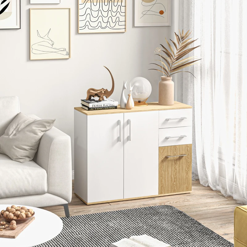 HOMCOM Aparador Sala de Estar Moderno com 2 Gavetas 2 Armários e Prateleiras Ajustáveis 90x30x75,5 cm Branco e Madeira