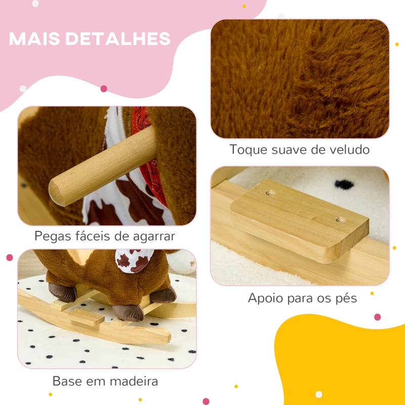 HOMCOM Cavalo Baloiço para Bebés com Sons Cinto de Segurança 60x33x50 cm Marrom