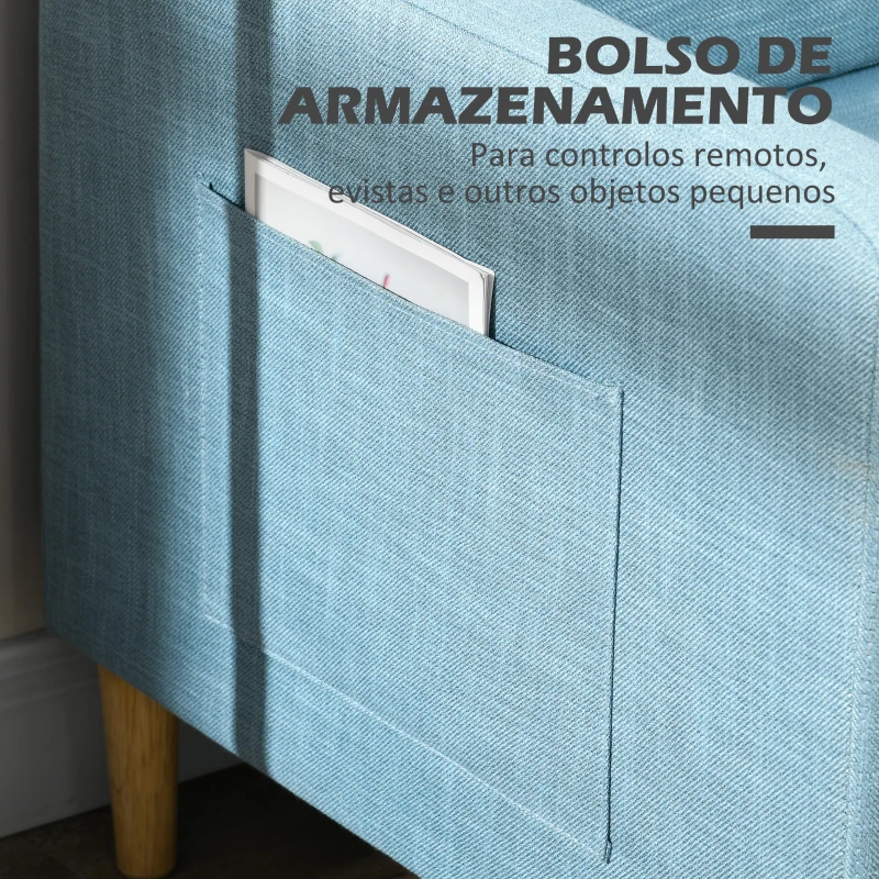 HOMCOM Sofá de 2 Lugares Estofado em Poliéster com 2 Bolsos Laterais Apoio para os Braços e Pés de Madeira 143x76x83 cm Azul