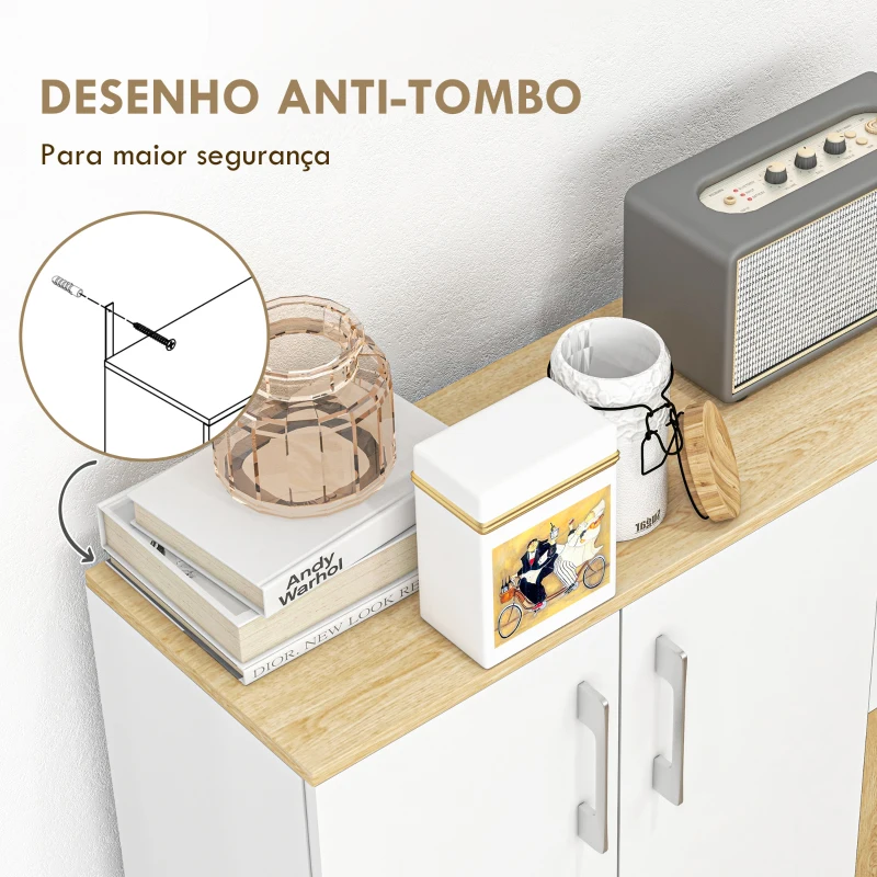 HOMCOM Aparador Sala de Estar Moderno com 2 Gavetas 2 Armários e Prateleiras Ajustáveis 90x30x75,5 cm Branco e Madeira